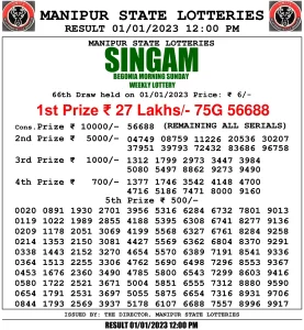 Manipur Lottery Result today 01/01/2023 singam 9pm pdf download