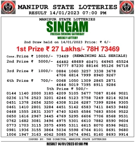 Manipur Lottery Result today 14/01/2023 singam 7pm pdf download