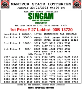 Manipur Lottery Result today 23/01/2023 singam 4pm pdf download