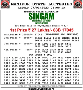 Manipur Lottery Result today 07/01/2023 singam 4pm pdf download