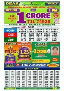 Dear Lottery Results 01:00 Pm 20/01/2023 Morning Nagaland State Lottery Result Pdf Download