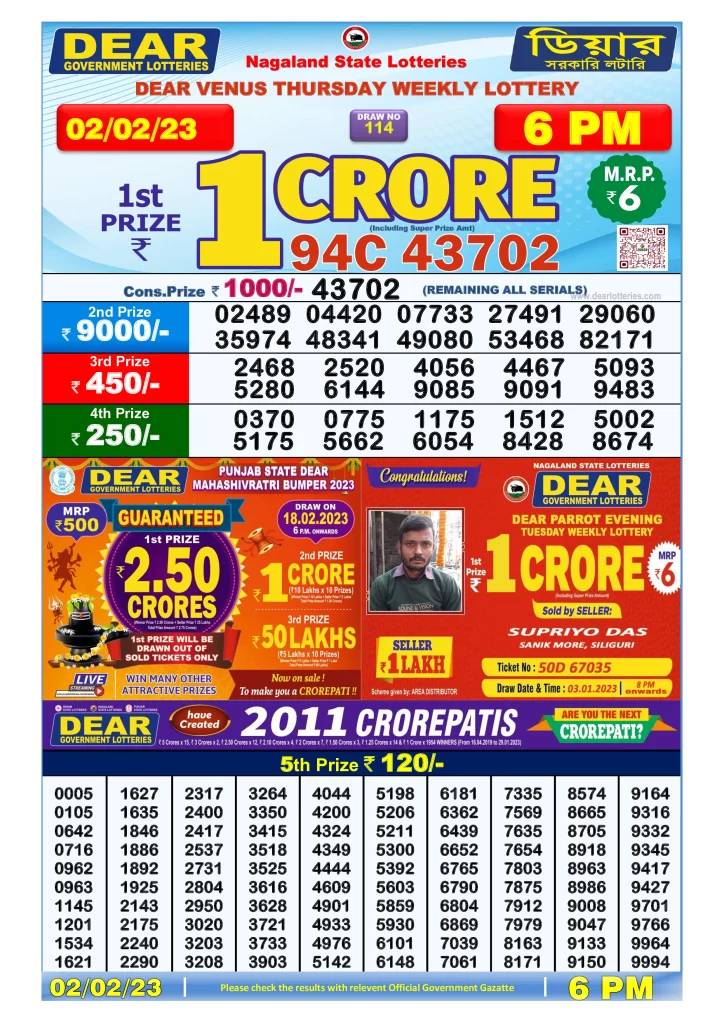 Dear Lottery Result Today 6pm 02/02/20223 Nagaland Stae lottery result pdf