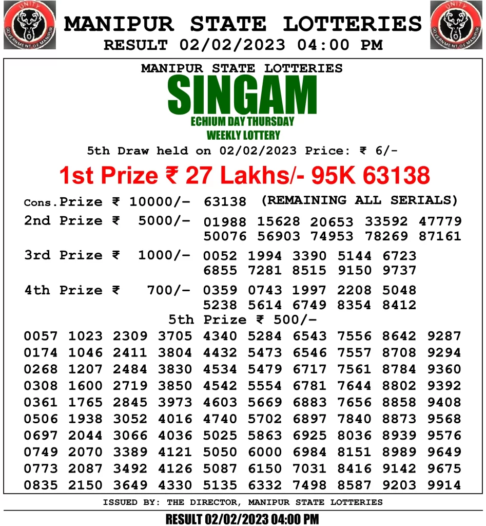 Manipur Lottery Result today 02/02/2023 singam 4pm pdf download