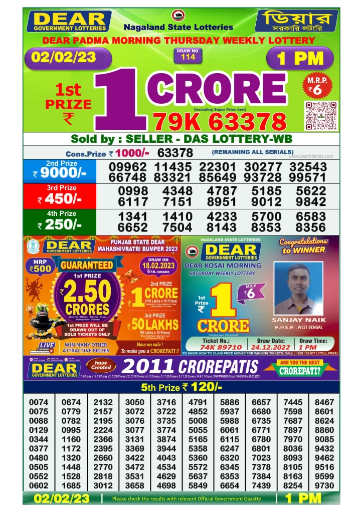 Dear Lottery Results 01:00 Pm 02/02/2023 Morning Nagaland State Lottery Result Pdf Download