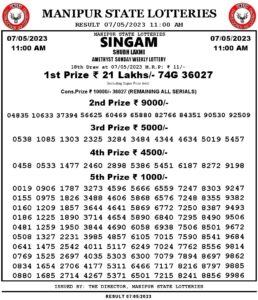 Manipur Lottery Result today 07/05/2023 singam 11:00 am pdf download