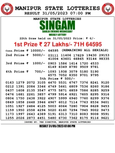 Manipur Lottery Result today 31/05/2023 singam 7pm pdf download