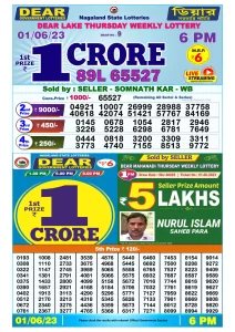 Dear Lottery Result Today 6pm 01/06/20223 Nagaland State lottery result pdf