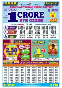 Dear Lottery Result Today 6pm 27/06/20223 Nagaland State lottery result pdf