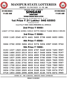 Manipur Lottery Result today 01/06/2023 singam 11:00 am pdf download