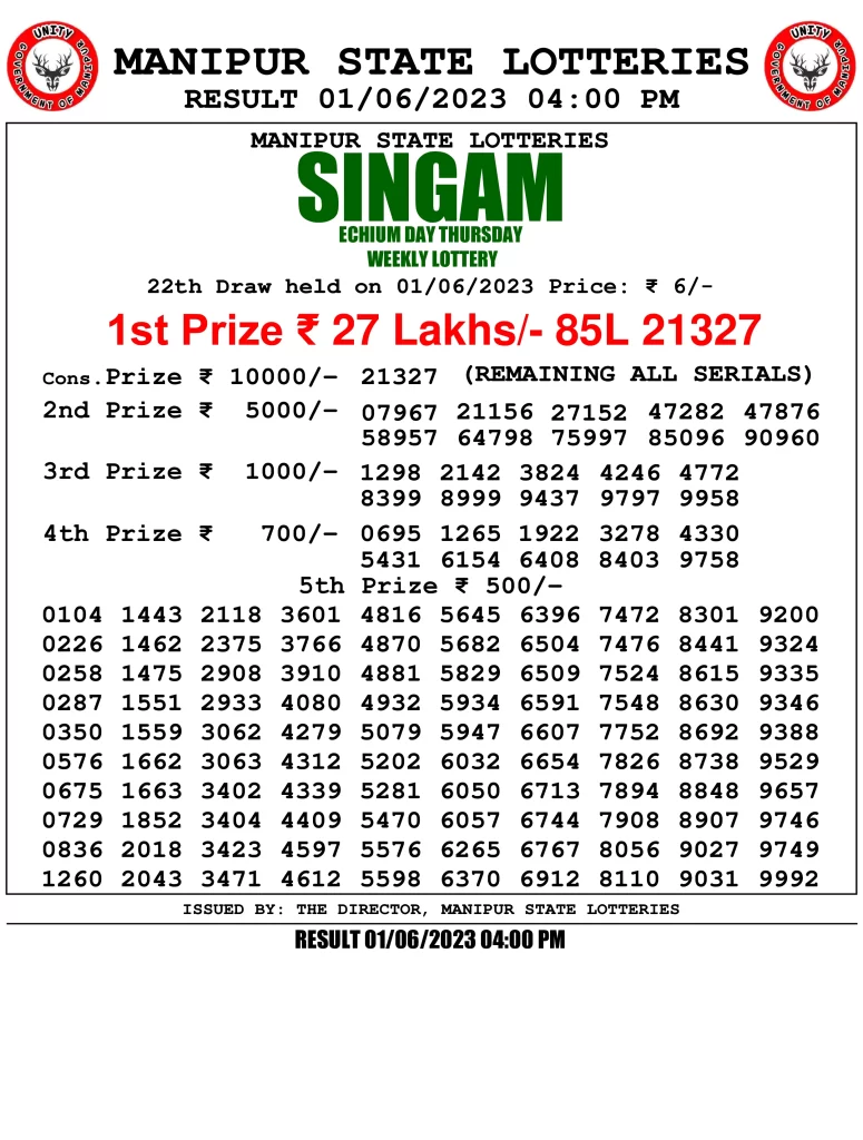 Manipur Lottery Result today 01/06/2023 singam 4pm pdf download