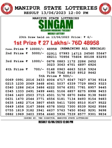 Manipur Lottery Result today 13/06/2023 singam 12:00 Pm pdf download