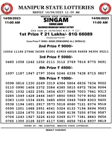 Manipur Lottery Result today 14/06/2023 singam 11:00 am pdf download