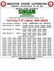 Manipur Lottery Result today 14/06/2023 singam 12:00 Pm pdf download