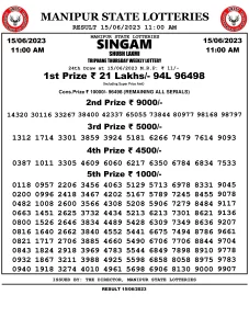 Manipur Lottery Result today 15/06/2023 singam 11:00 am pdf download
