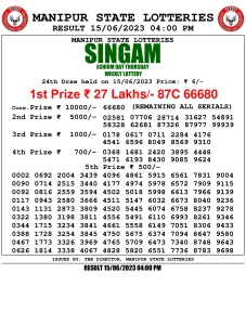 Manipur Lottery Result today 15/06/2023 singam 4pm pdf download