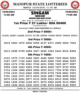 Manipur Lottery Result today 16/06/2023 singam 11:00 am pdf download