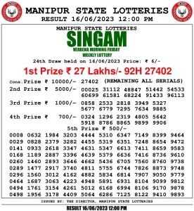Manipur Lottery Result today 16/06/2023 singam 12:00 Pm pdf download