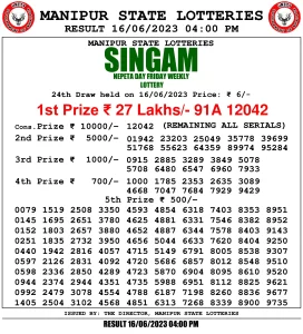 Manipur Lottery Result today 16/06/2023 singam 4pm pdf download