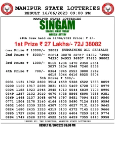 Manipur Lottery Result today 16/06/2023 singam 09:00 Pm pdf download