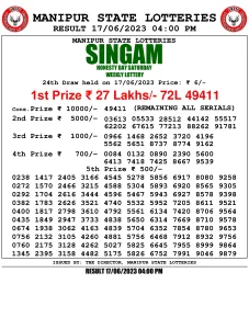 Manipur Lottery Result today 17/06/2023 singam 4pm pdf download