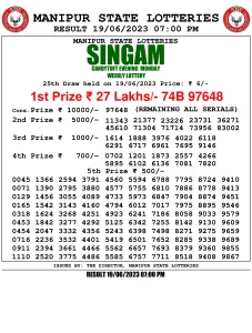 Manipur Lottery Result today 19/06/2023 singam 7pm pdf download