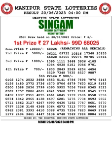 Manipur Lottery Result today 20/06/2023 singam 4pm pdf download