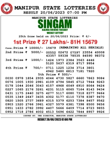 Manipur Lottery Result today 20/06/2023 singam 7pm pdf download