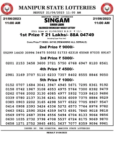 Manipur Lottery Result today 21/06/2023 singam 11:00 am pdf download