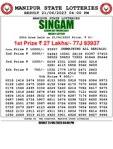 Manipur Lottery Result today 21/06/2023 singam 4pm pdf download