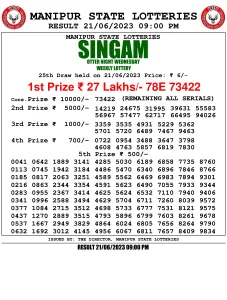 Manipur Lottery Result today 21/06/2023 singam 09:00 Pm pdf download