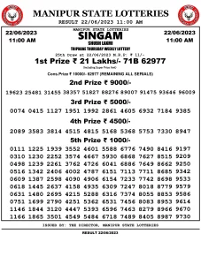 Manipur Lottery Result today 22/06/2023 singam 11:00 am pdf download