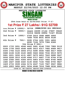 Manipur Lottery Result today 22/06/2023 singam 12:00 Pm pdf download