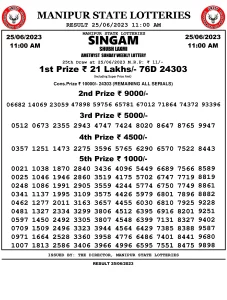 Manipur Lottery Result today 25/06/2023 singam 11:00 am pdf download