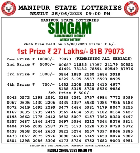 Manipur Lottery Result today 26/06/2023 singam 09:00 Pm pdf download