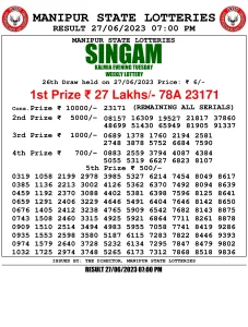 Manipur Lottery Result today 27/06/2023 singam 7pm pdf download