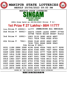 Manipur Lottery Result today 29/06/2023 singam 09:00 Pm pdf download