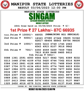 Manipur Lottery Result today 03/06/2023 singam 12:00 Pm pdf download
