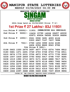 Manipur Lottery Result today 03/06/2023 singam 4pm pdf download