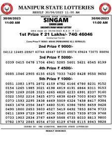 Manipur Lottery Result today 30/06/2023 singam 11:00 am pdf download