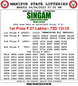 Manipur Lottery Result today 04/06/2023 singam 7pm pdf download