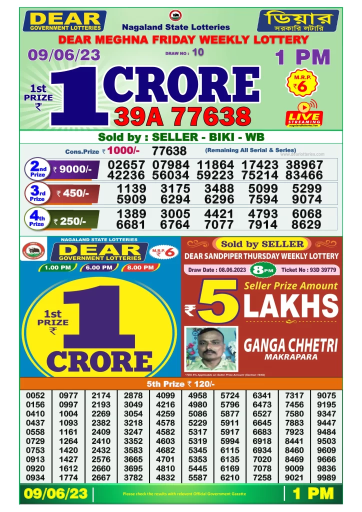 Dear Lottery Results 01:00 Pm 09/06/2023 Morning Nagaland State Lottery Result Pdf Download