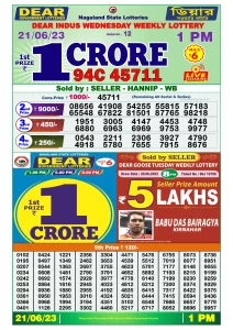 Dear Lottery Results 01:00 Pm 21/06/2023 Morning Nagaland State Lottery Result Pdf Download