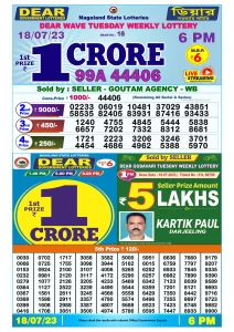 Dear Lottery Result Today 6pm 18/07/20223 Nagaland State lottery result pdf
