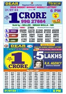Dear Lottery Result Today 6pm 31/07/20223 Nagaland State lottery result pdf