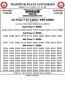 Manipur Lottery Result today 01/07/2023 singam 11:00 am pdf download