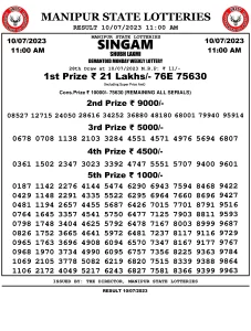 Manipur Lottery Result today 10/07/2023 singam 11:00 am pdf download