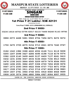 Manipur Lottery Result today 11/07/2023 singam 11:00 am pdf download