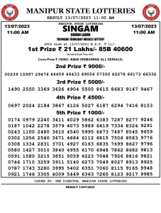 Manipur Lottery Result today 13/07/2023 singam 11:00 am pdf download