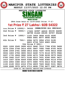 Manipur Lottery Result today 13/07/2023 singam 12:00 Pm pdf download