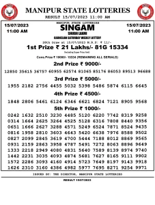 Manipur Lottery Result today 15/07/2023 singam 11:00 am pdf download